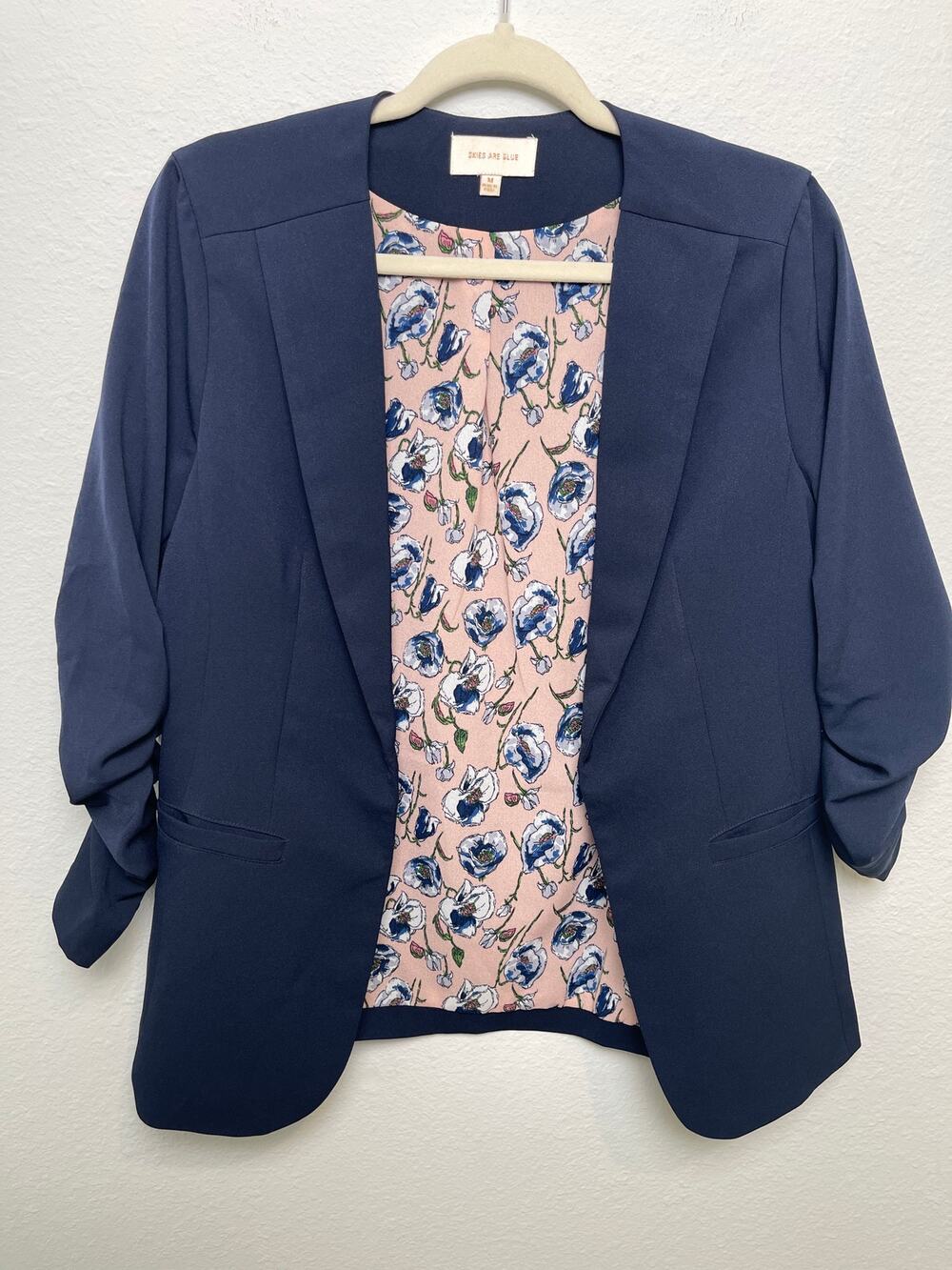 Skies Are Blue Navy Blazer Women M Ruched Sleeve Floral Lined Open Front Jacket